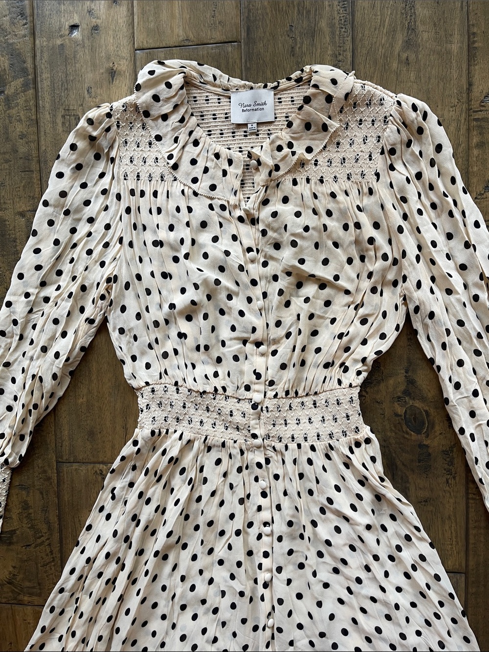 Reformation x Nara Smith Brown Sugar Ruffle Polka Dot Midi Dress - Picture 7 of 10